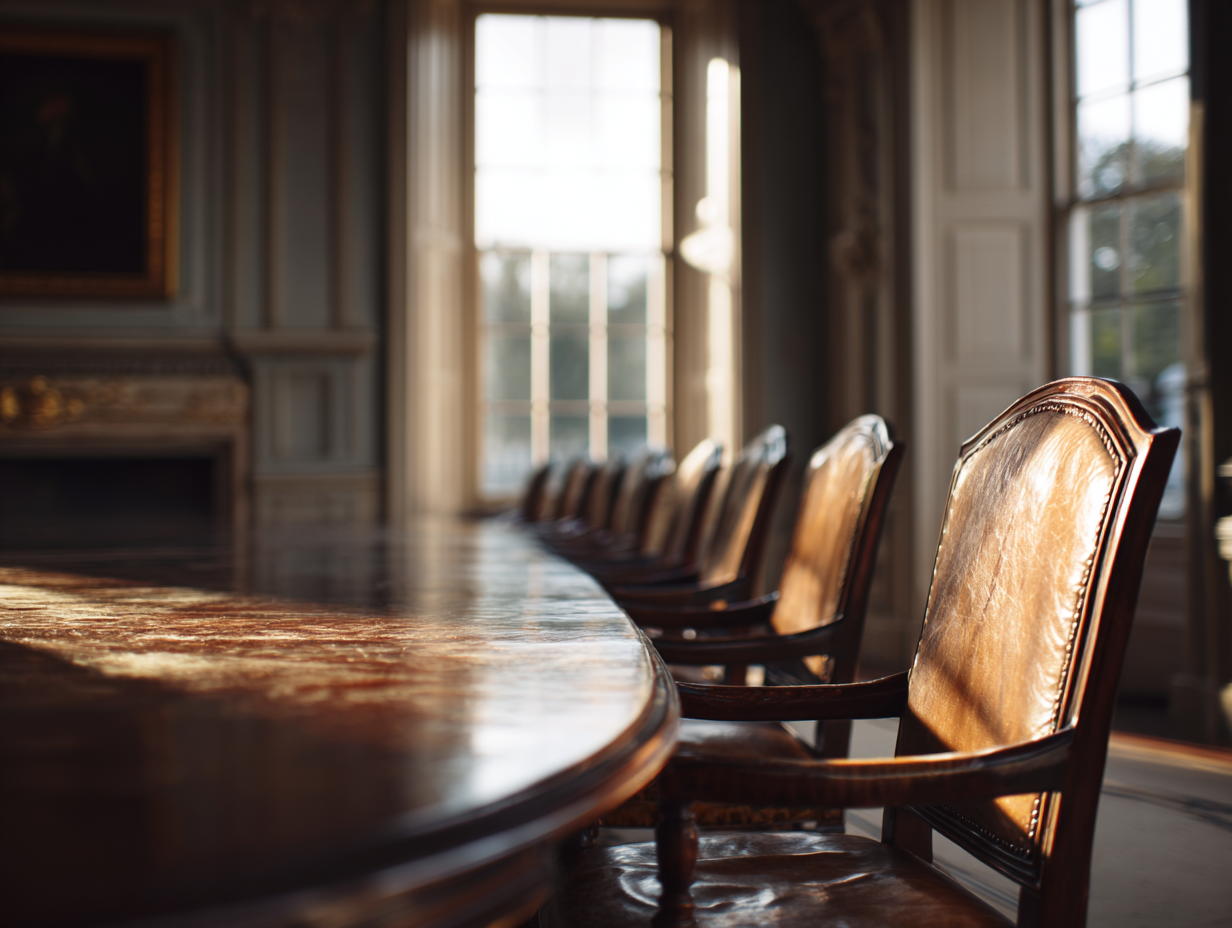 Empty boardroom table with leather chairs in a grand Georgian dining room — illustrating dynastic succession and generational authority
