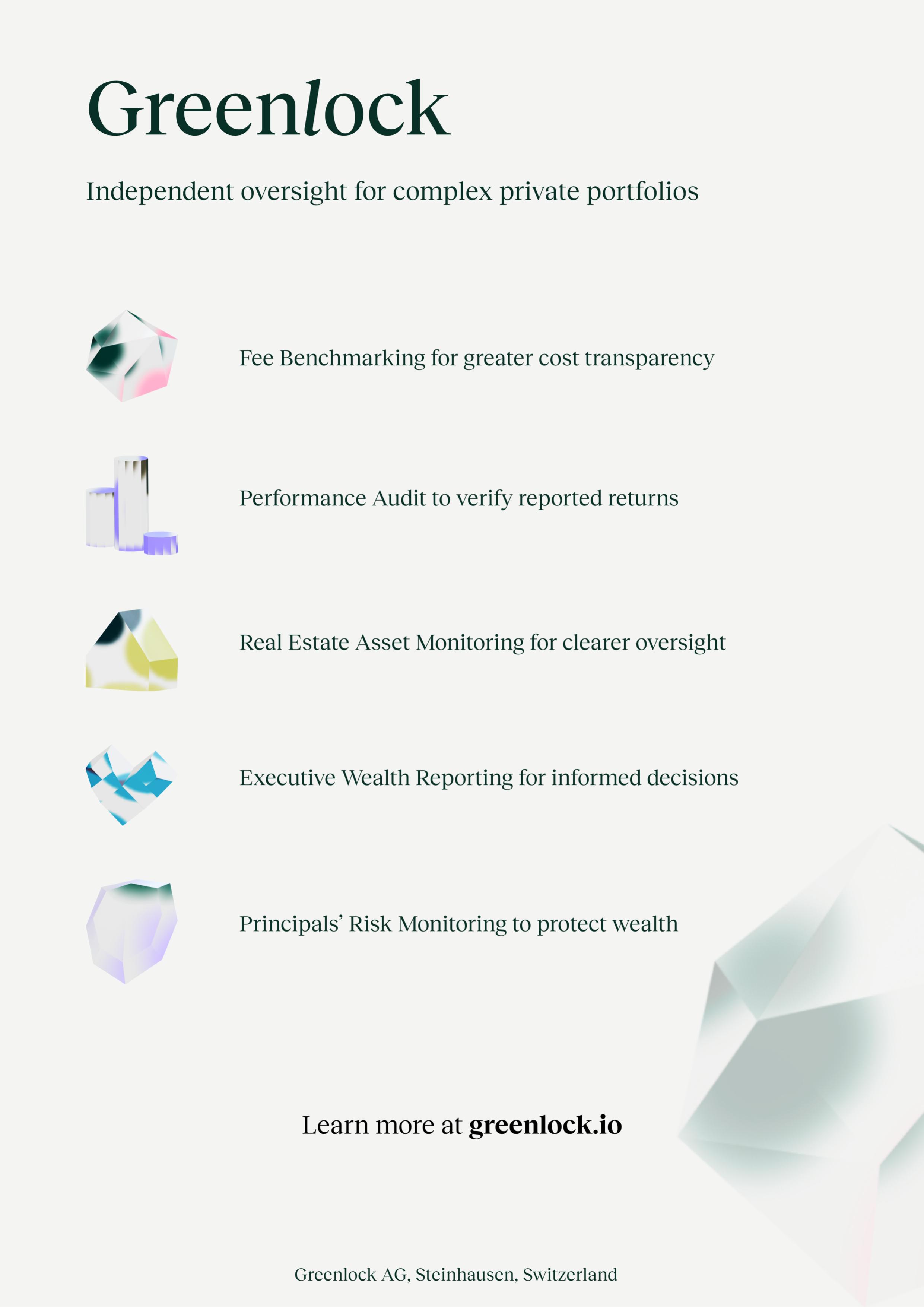 Greenlock AG advertisement — independent portfolio oversight and performance audit for family offices and private wealth, Steinhausen, Switzerland